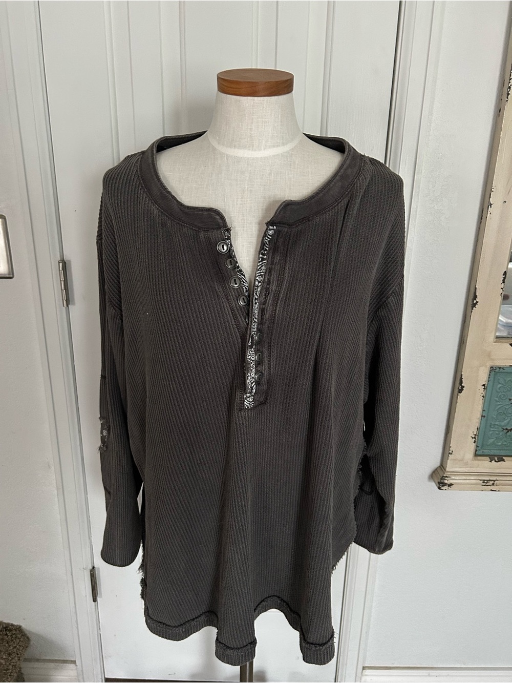 We The Free Charcoal Henley Waffle Long-Sleeve Top